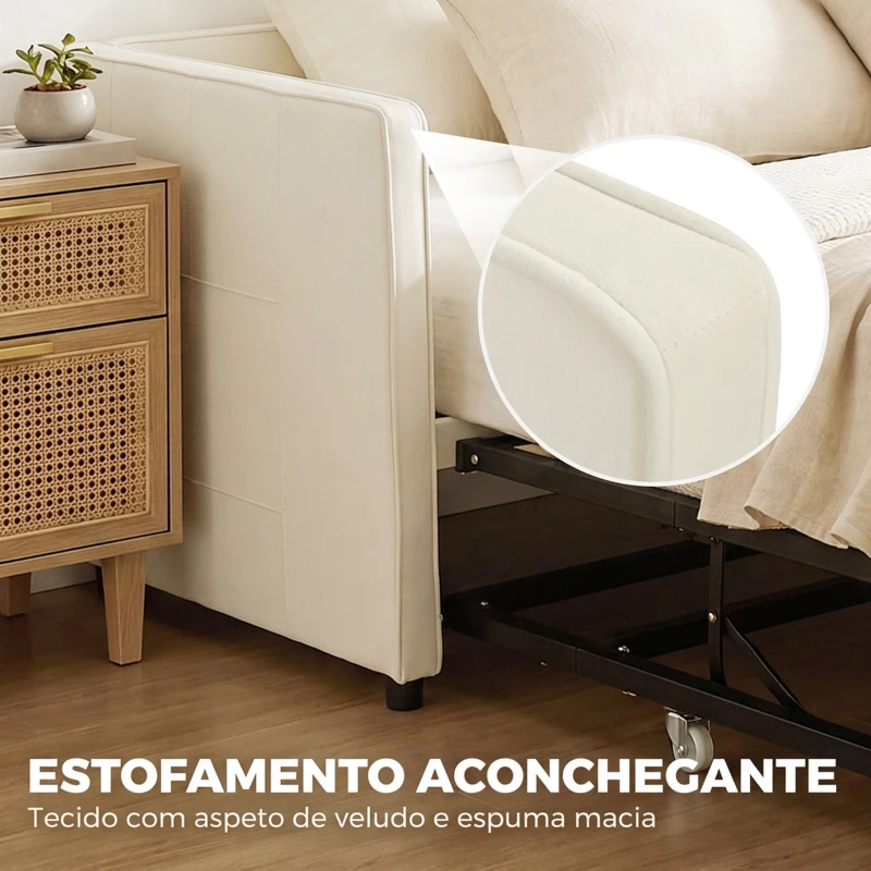 HOMCOM Estrutura de Cama Ninho 2 em 1 Extraível com Cabeceira Estofada, Bege, para Colchões de 90x190 cm