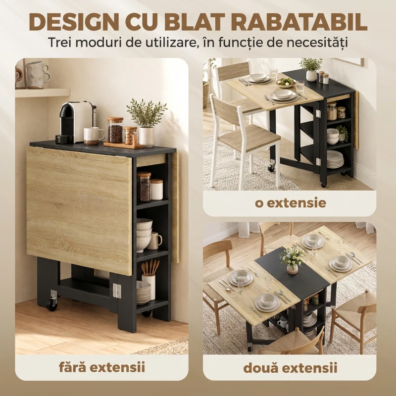 HOMCOM Masă pliabilă compactă cu roți, 2-4 locuri, stejar și negru