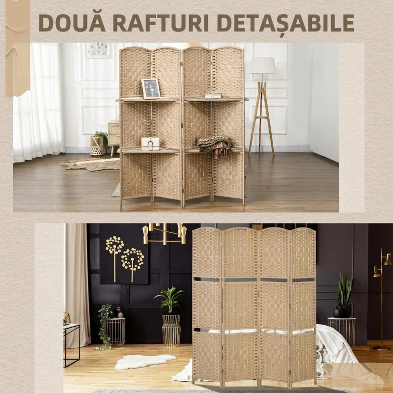 HOMCOM Paravan de interior cu 4 panouri pliabil și rafturi 160x170 cm, culoare naturală