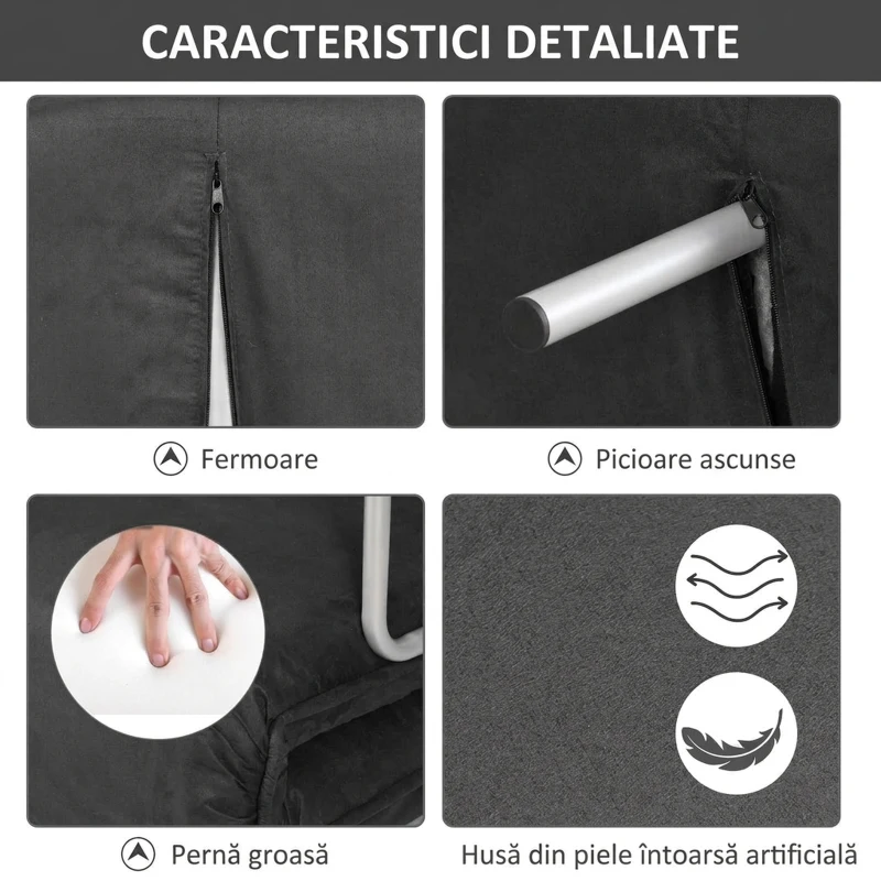 HOMCOM Canapea Pat 2 Locuri din Imitatie de Piele și Oțel cu Spătar Reglabil în 5 Poziții, 105x80x78 cm, Gri(m-6)