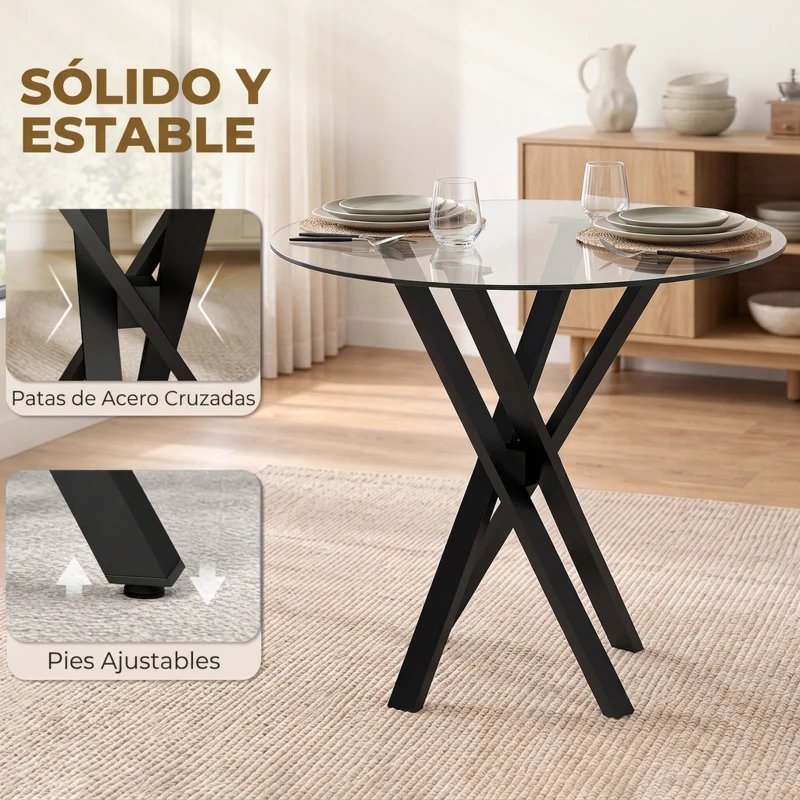 HOMCOM Mesa de Comedor Redonda para 4 Personas Ø80 cm Tablero de Vidrio Templado Patas Cruzadas de Acero Transparente
