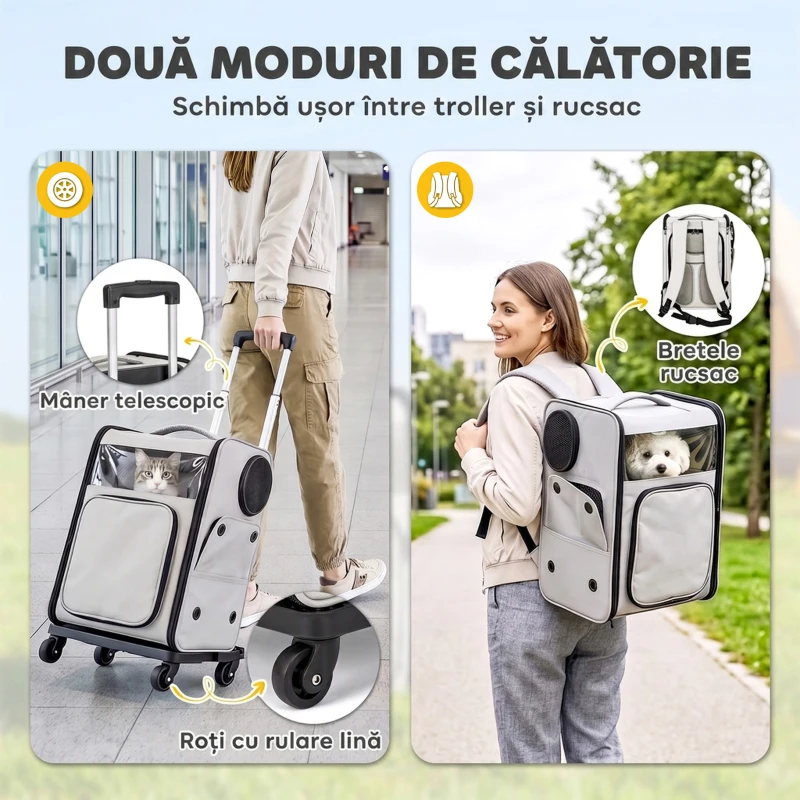 PawHut Transportor pentru Câini Și Pisici cu Roți, Mâner Telescopic, 2 Ferestre din Plasă, până la 5 kg, Gri