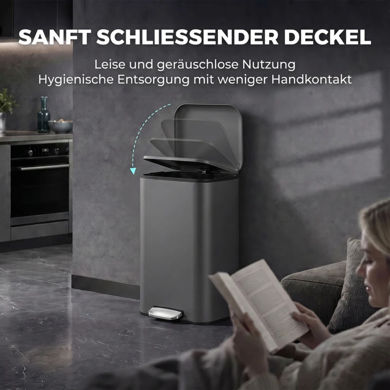 HOMCOM 30 L Mülleimer, schmaler Metall-Abfalleimer mit Kunststoff-Inneneimer, Soft-Close-Deckel und Fußpedal, Dunkelgrau
