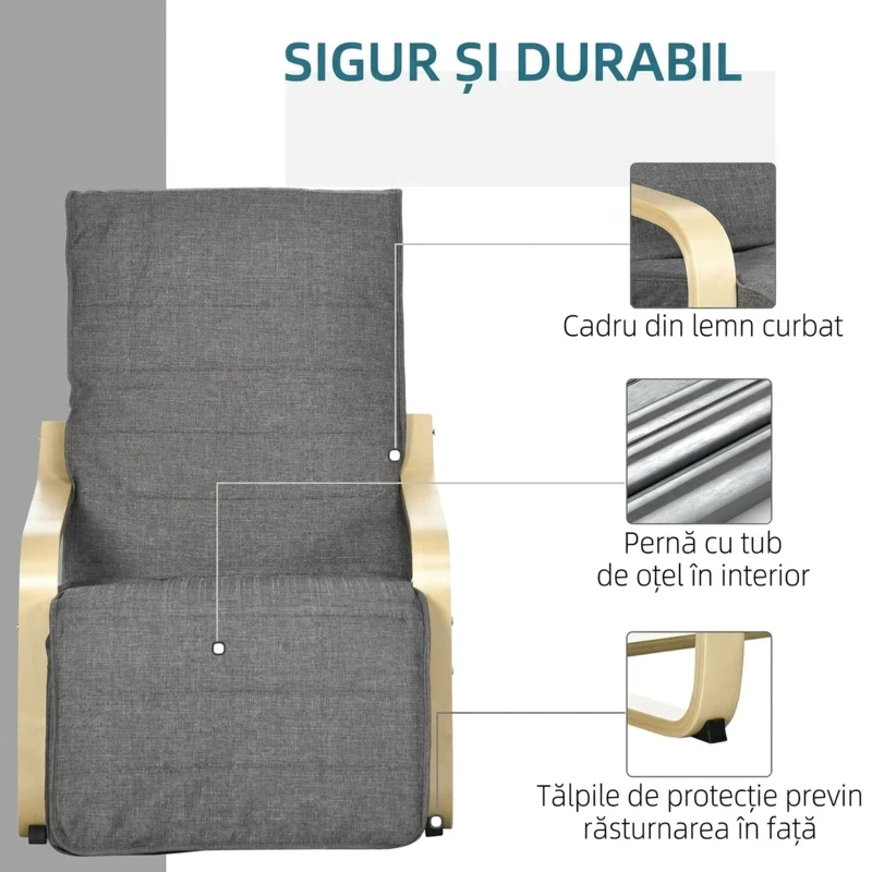 HOMCOM Fotoliu Relax cu Suport pentru Picioare, 5 Niveluri și Tetieră din Lemn de Mesteacăn și Țesătură, Gri