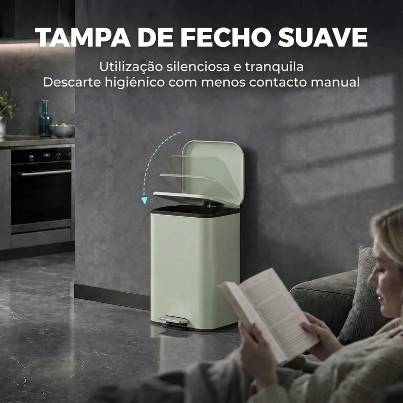 HOMCOM Caixote do Lixo de Cozinha 20 L em Aço Galvanizado com Tampa de Fecho Suave, Pedal, Balde Removível e Acabamento Anti-impressões Digitais Verde-Claro