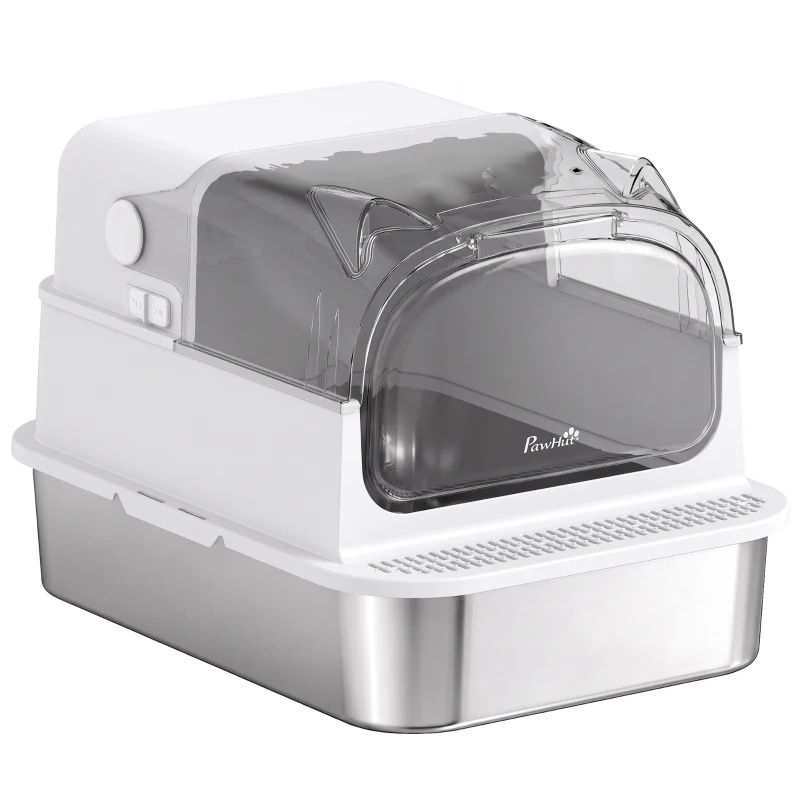 PawHut Arenero para Gatos de Acero Inoxidable XXL con Tapa Extraíble 3 en 1 Borde Alto Pedal Pala Diseño Desmontable Blanco