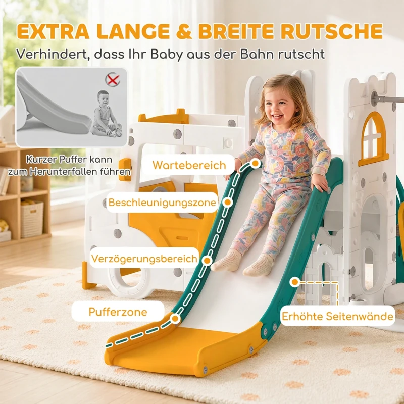 AIYAPLAY 7 w 1 zjeżdżalnia dla dzieci ze huśtawką Tunel ogrodowy z samochodem Kierownica Klakson Konstrukcja do wspinaczki 4PCS Moduls 1–4 lata Biały