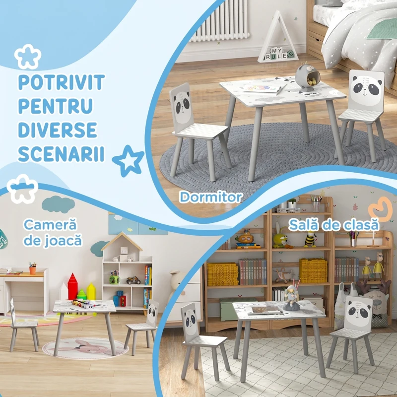ZONEKIZ Set masă și 2 scaune pentru copii de 3-8 ani din MDF și lemn de pin, gri