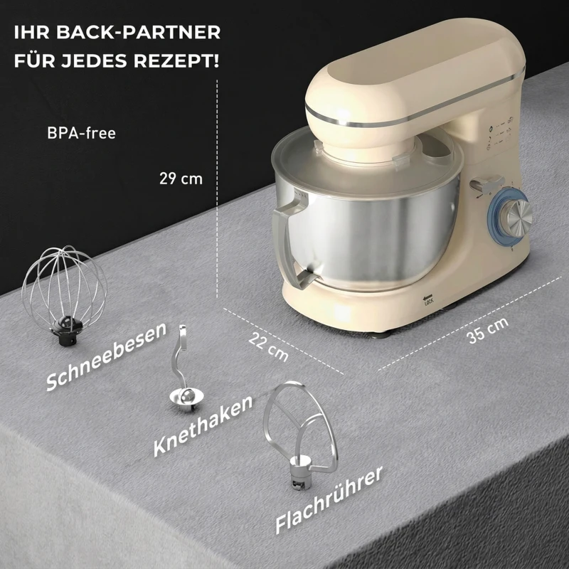 HOMCOM Keukenmachine 4,5 L met RVS-kom, 1300W, 6 snelheden + puls, beige