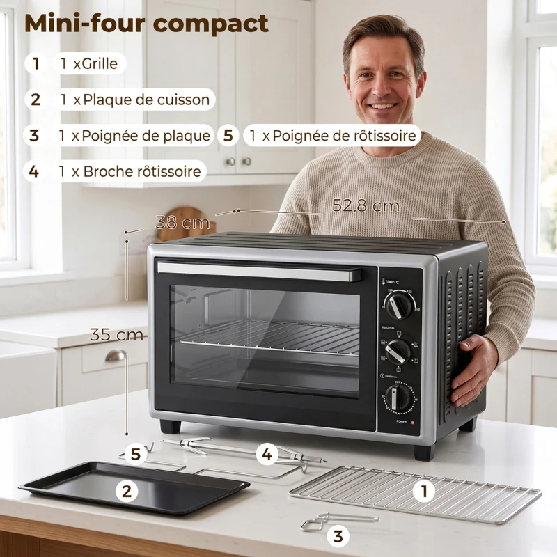 HOMCOM Mini-Four Électrique avec Broche Rotative 32L 1500W, Four à Convection Multifonction, Chaleur Tournante, Minuterie, Noir