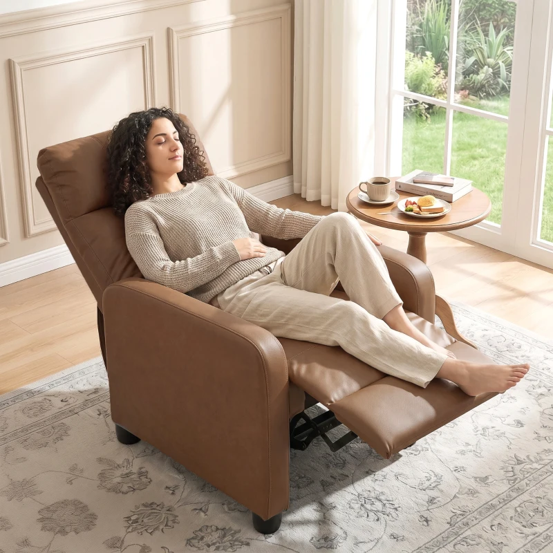 HOMCOM Fauteuil Relax Inclinable Manuel jusqu'à 155° Revêtement en PU Repose-pieds Dossier Haut Épais et Assise Large Marron foncé