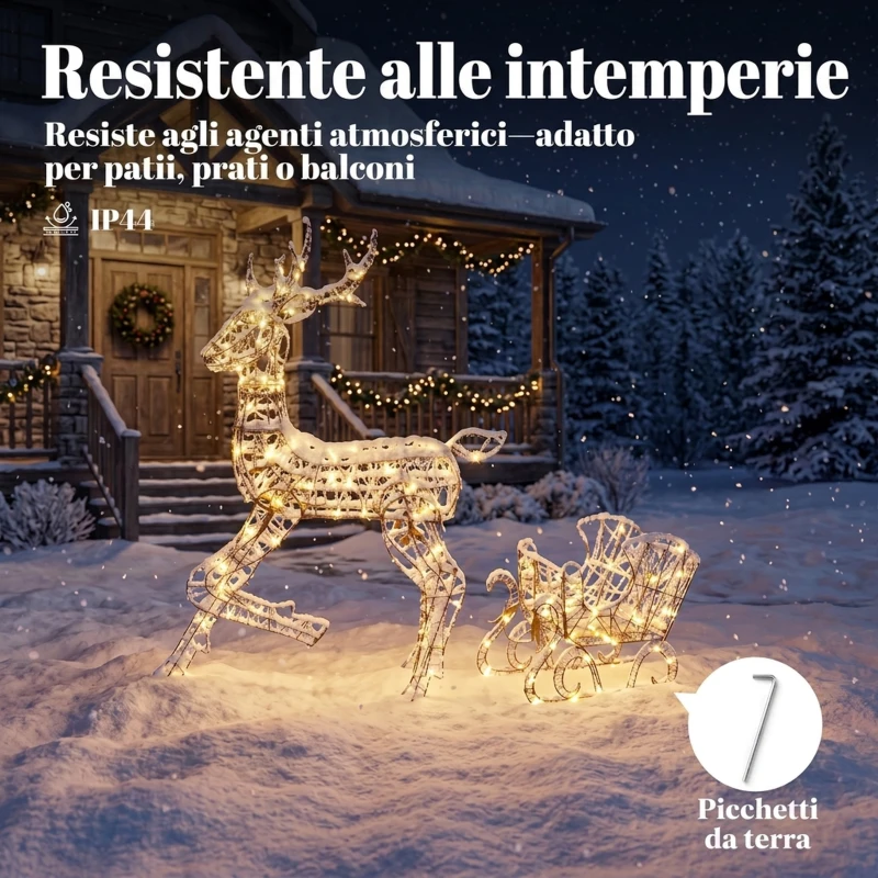 Outsunny Renna Natale Luminose con Slitta, 175 LED Bianco Caldo, 8 Modalità di Illuminazione, Timer, IP44, Marrone