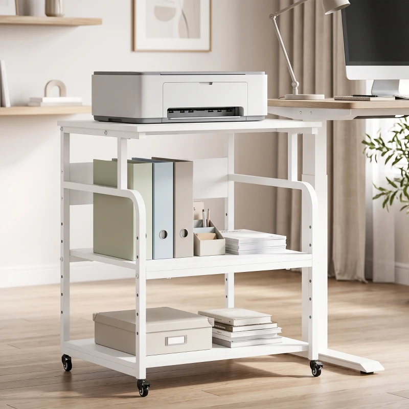 HOMCOM Soporte para Impresora con Ruedas 3 Niveles y Estante Ajustable 60x50x68 cmBlanco