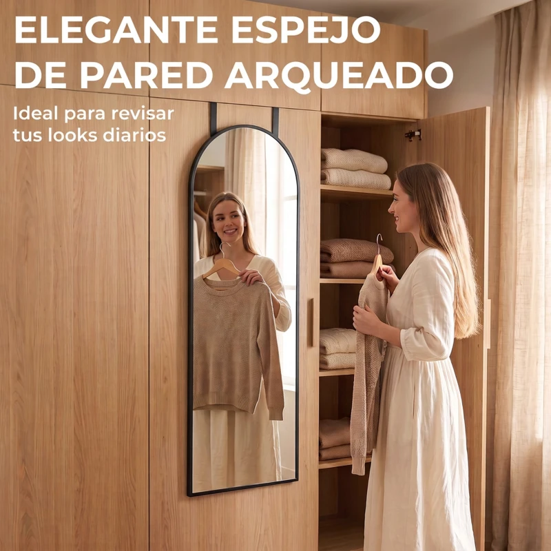 HOMCOM Espejo de Pared 40x110 cm Diseño Arqueado con Ganchos Ajustables para Puerta o Pared Negro