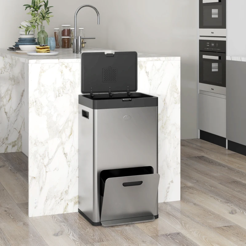HOMCOM Caixote do Lixo de Cozinha 3 Compartimentos 2x18L+20L (56L) em Aço Inoxidável com Rodas e Tampa de Fecho Suave, Prateado