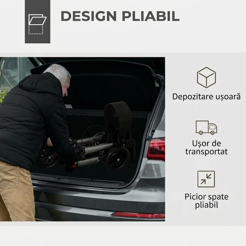 HOMCOM Cadru de mers pliabil din aluminiu, reglabil pe înălțime, cu geantă, 64x67x80-92 cm, negru și argintiu