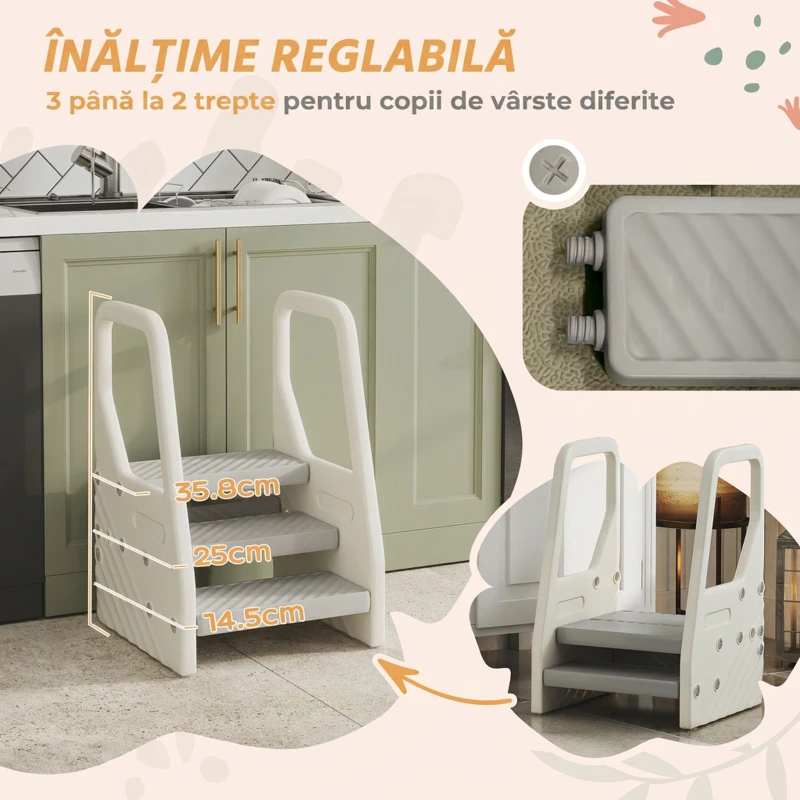 AIYAPLAY Scăunel pentru copii 2-5 ani cu 3 trepte, din HDPE, 43x42x65,5 cm, gri și alb crem