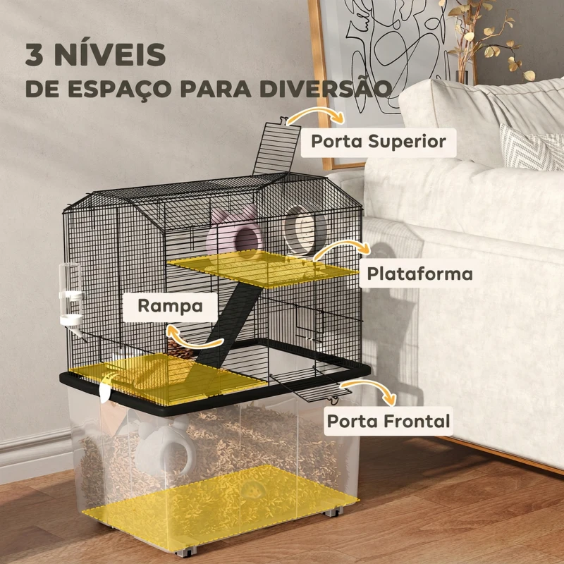 PawHut Gaiola para Hamster com Base Funda, Plataforma, Comedouro, Bebedouro, Rampa e Rodas 57x43x74 cm Preto