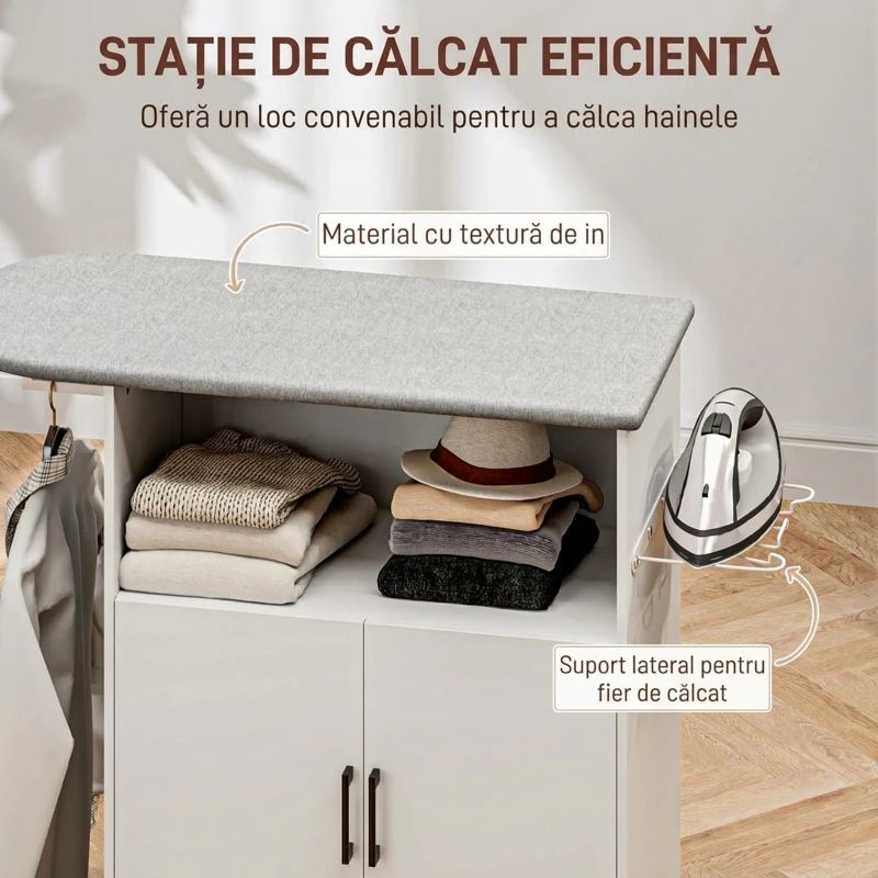 HOMCOM Dulap Mobil pentru Călcat cu 2 Uși și Spațiu Deschis, 125x43.5x102.5 cm, Alb