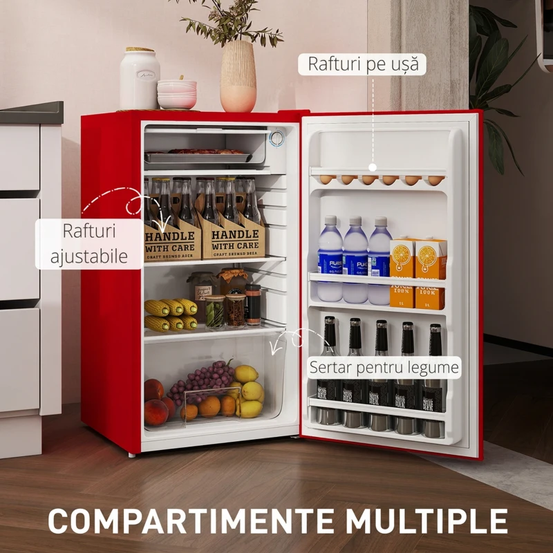 HOMCOM Frigider Compact 91L Ușă Reversibilă cu Congelator și Temperatură Reglabilă, Roșu