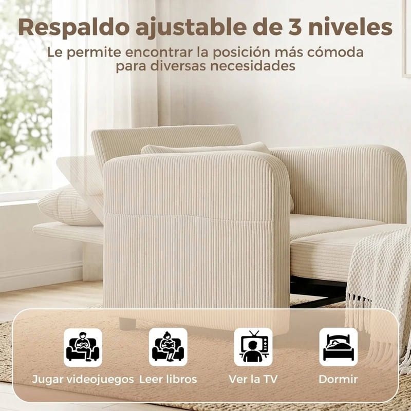 HOMCOM Sofá Cama 1 Plaza Convertible 3 en 1 de Pana con Respaldo Ajustable Almohada Extraíble para Salón Dormitorio Beige