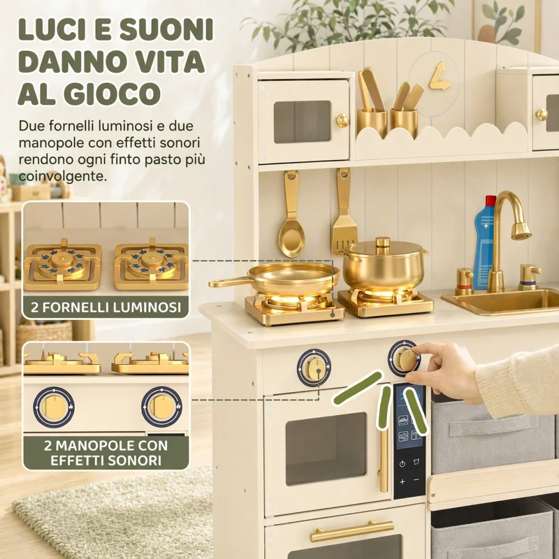 AIYAPLAY Cucina Giocattolo per Bambini in Legno con Luci e Suoni, 4 Cassetti in Tessuto, 12 Accessori, Regalo, 3-6 Anni