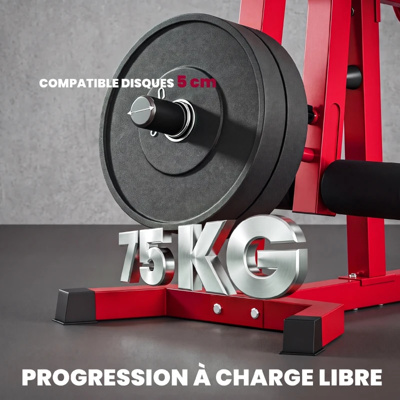 SPORTNOW Machine d'Extension de Jambe 3 en 1 Charge 300 kg, Dossiers et Positions Réglables, Disques Libres, 163x58x118cm, Rouge