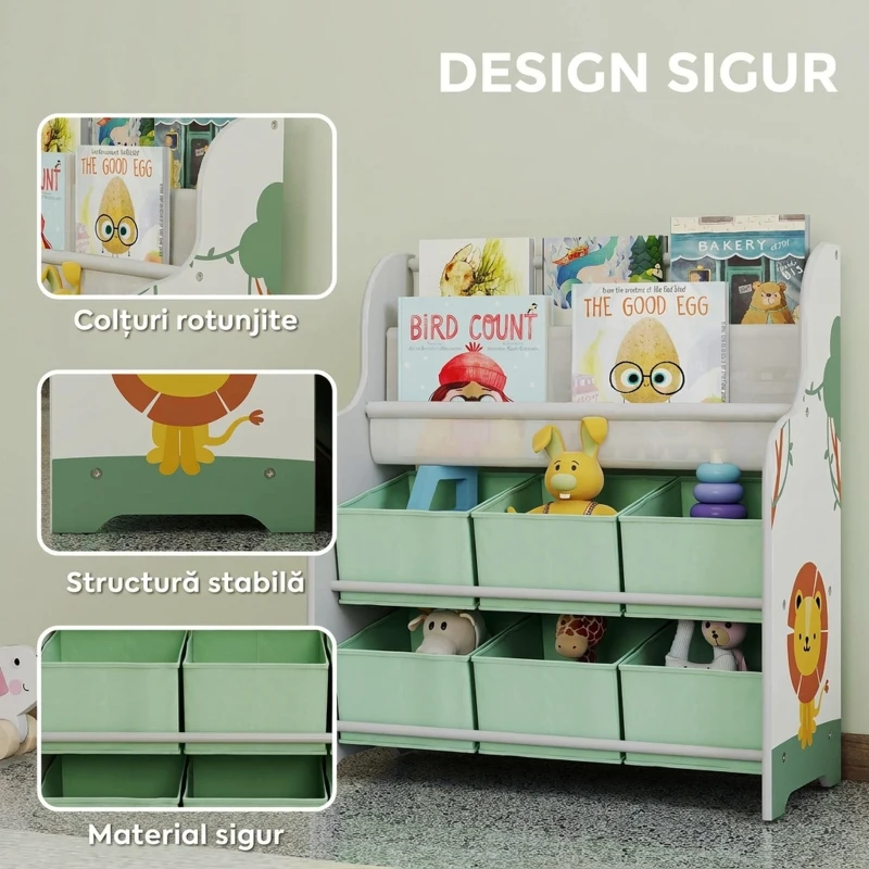 AIYAPLAY Raft pentru Jucării cu 6 Sertare din Material Textil și Bibliotecă cu 2 Nivele, din Lemn și Oțel, 63x30x71 cm, Verde