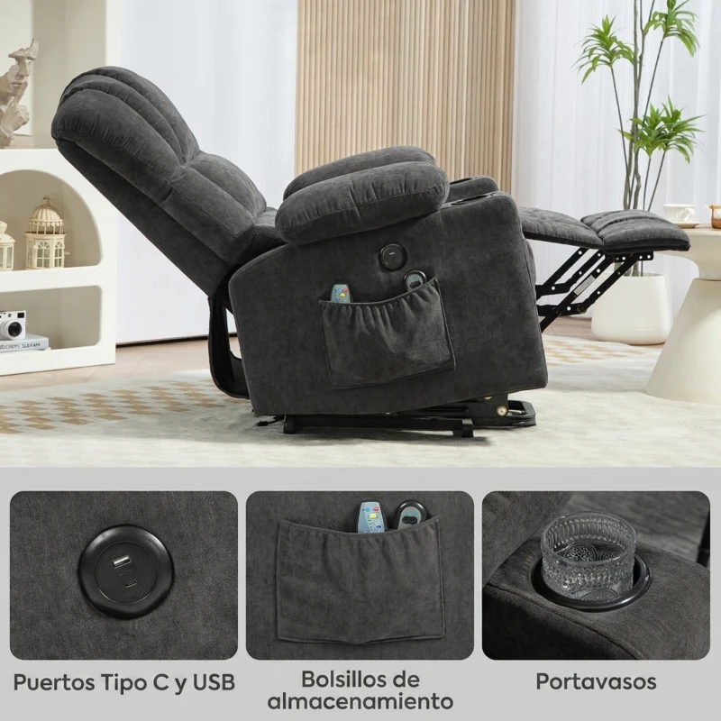 HOMCOM Fauteuil Relax Reclinable Électrique Releve-personne avec Massage et Chauffage Lombaire Assise à Ressorts Port USB de Chenille
