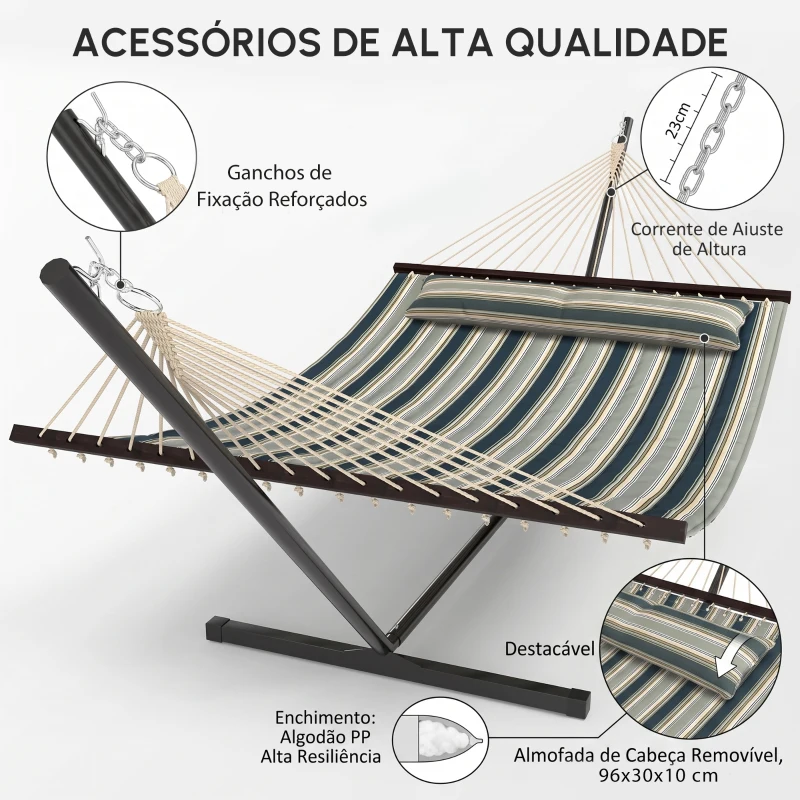 Outsunny Cama Rede com Suporte Portátil Almofada Removível Barras Estabilizadoras Exterior 353x94x115 cm Verde