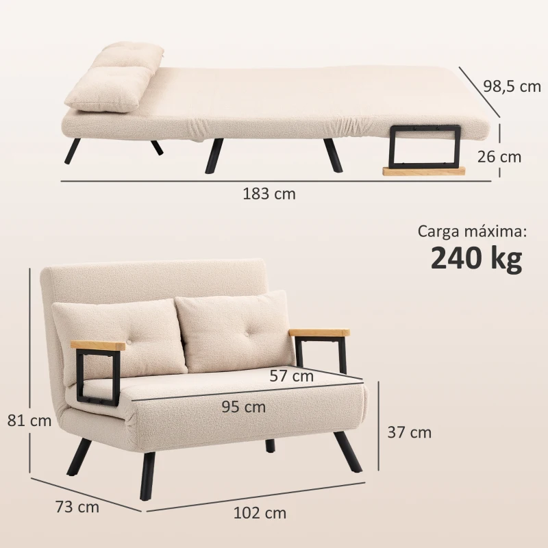 HOMCOM Sofá Cama Convertível 2 Lugares Dobrável com Encosto Ajustável em 5 Níveis e 2 Almofadas 102x73x81 cm Bege Creme
