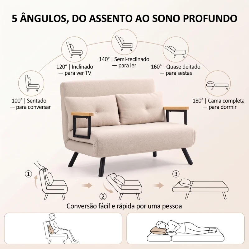 HOMCOM Sofá Cama Convertível 2 Lugares Dobrável com Encosto Ajustável em 5 Níveis e 2 Almofadas 102x73x81 cm Bege Creme