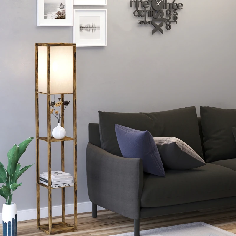 HOMCOM Lampadar cu 3 rafturi integrate, soclu E27, putere 40W, 26x26x160cm, culoare lemn