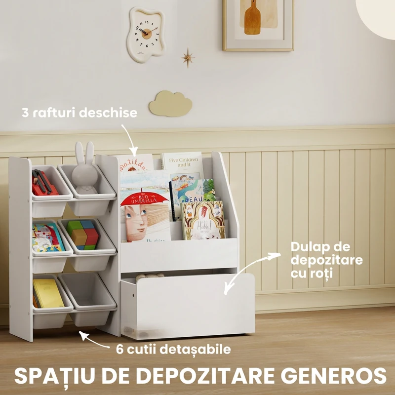 AIYAPLAY Raft pentru Jucării cu 6 Coșuri, 3 Rafturi și Cutie Inferioară, din Lemn, Plastic și Oțel, 100x30x80 cm, Alb