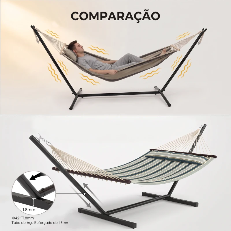 Outsunny Cama Rede com Suporte Portátil Almofada Removível Barras Estabilizadoras Exterior 353x94x115 cm Verde
