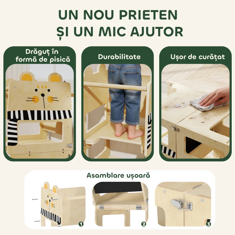 AIYAPLAY Turn Montessori pentru Copii 2-5 Ani cu Tablă și Măsuță, din Lemn, 57x39x93 cm, culoare Lemn