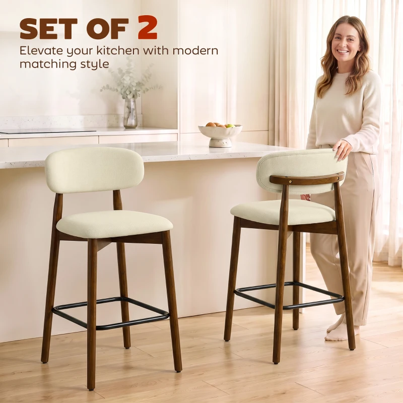 HOMCOM Bar Stools Curved Open Back Padded Seat Footrest Set of 2 for Kitchen Beige