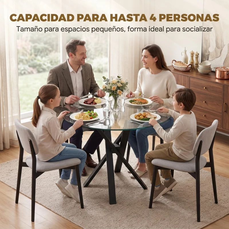 HOMCOM Mesa de Comedor Redonda para 4 Personas Ø80 cm Tablero de Vidrio Templado Patas Cruzadas de Acero Transparente