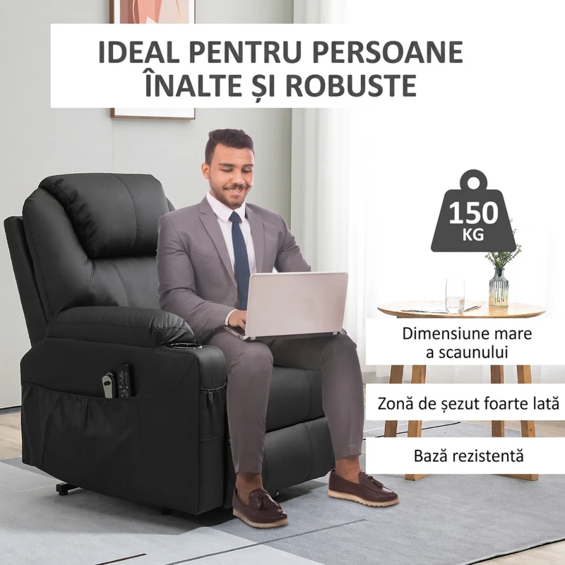 HOMCOM Scaun cu ridicare electric pentru varstnici cu masaj, din piele PU rezistenta cu telecomanda, buzunare laterale, negru
