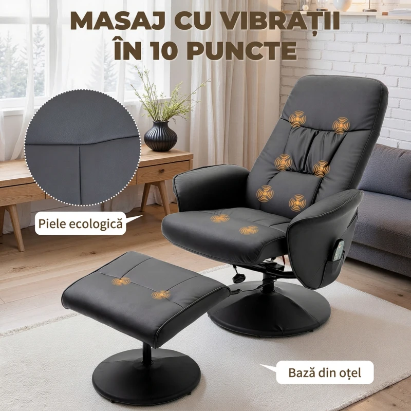 HOMCOM Fotoliu Relaxant cu Suport pentru Picioare, Reclinabil 145° cu Șezut Rotativ, cu 10 Puncte de Masaj, Negru