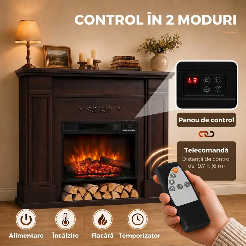 HOMCOM Șemineu electric de podea/încastrabil, 1800 W, cu ramă, raft pentru TV de până la 55", efect de flacără 3D și timer, maro