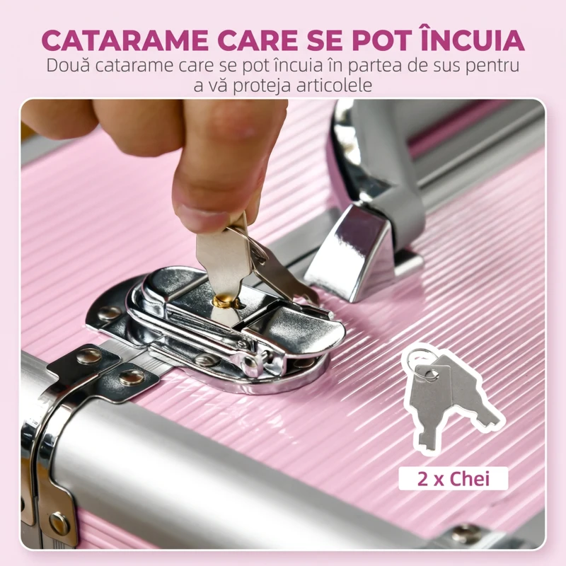 HOMCOM Husa pentru calatorii de machiaj, carucior mare de depozitare pentru produse cosmetice, portbagaj pentru carucior de calatorie cu blocare cu tavi pliabile, roti pivotante si chei, roz