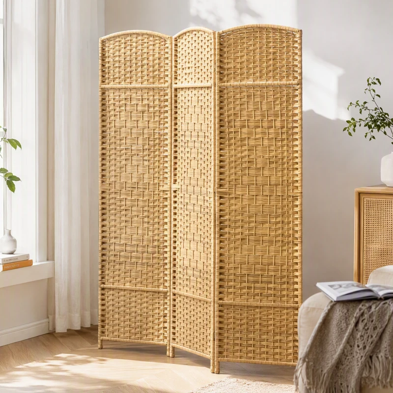 HOMCOM Biombo Dobrável de 3 Painéis Divisor de Ambientes 135x180 cm Ecrã de Privacidade de Polipropileno Madeira