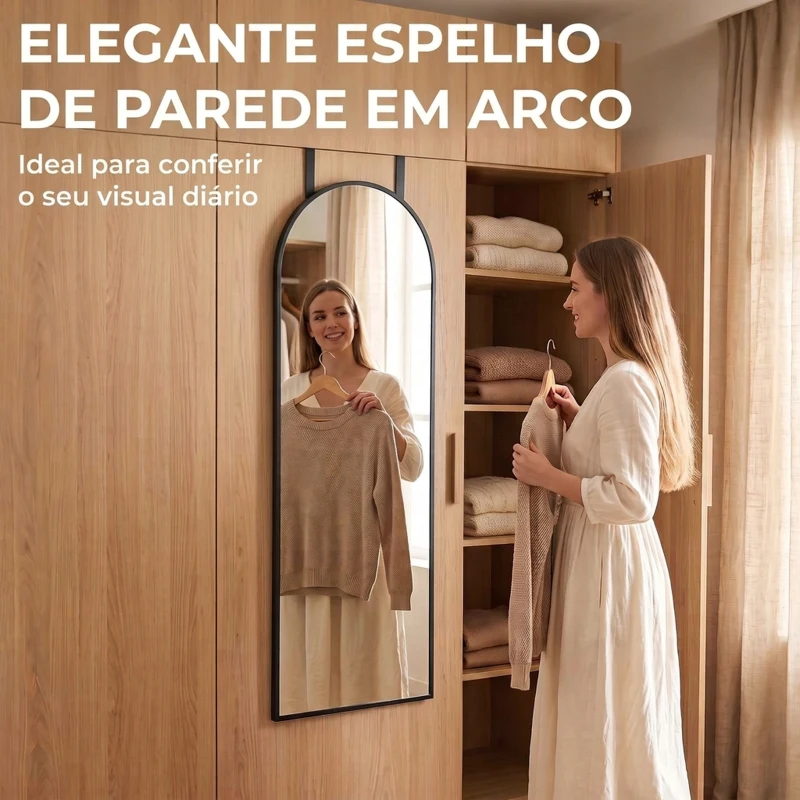 HOMCOM Espelho de Parede 40x110 cm com Design Arqueado e Ganchos Ajustáveis para Porta ou Parede, Preto