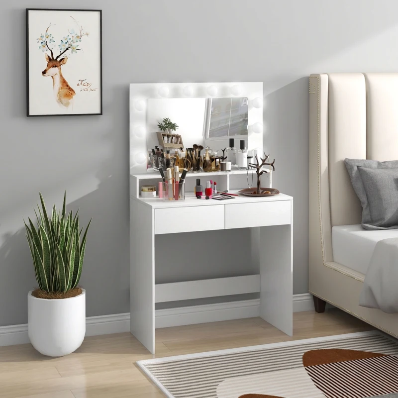HOMCOM Masă de Machiaj cu Oglindă și 10 Lumini LED Reglabile, 2 Sertare și 3 Compartimente, 80x40x135 cm, Alb