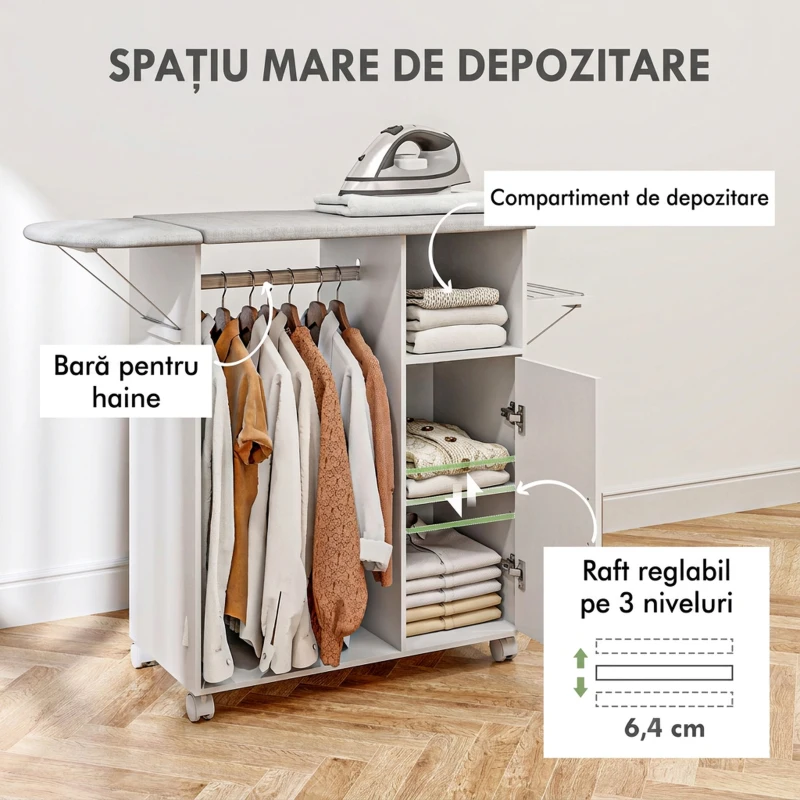 HOMCOM Dulap Masa Calcat – 3 Rafturi, Blat Burete & Ghidaj Rufe