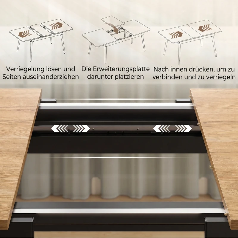 HOMCOM Uitschuifbare Eettafel 130-160 cm, Keukentafel met Afgeronde Hoeken, Eiken