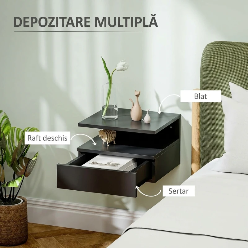 HOMCOM Noptieră suspendată pentru dormitor cu sertar și raft din lemn, 35x32x22.5cm, negru