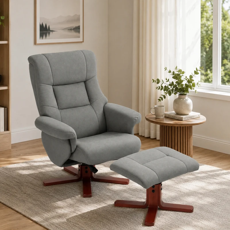 HOMCOM Relax-Sessel mit Liegefunktion und Fußhocker, Bezug aus technischem Stoff, Holzrahmen, Schaukel-Funktion, Grau