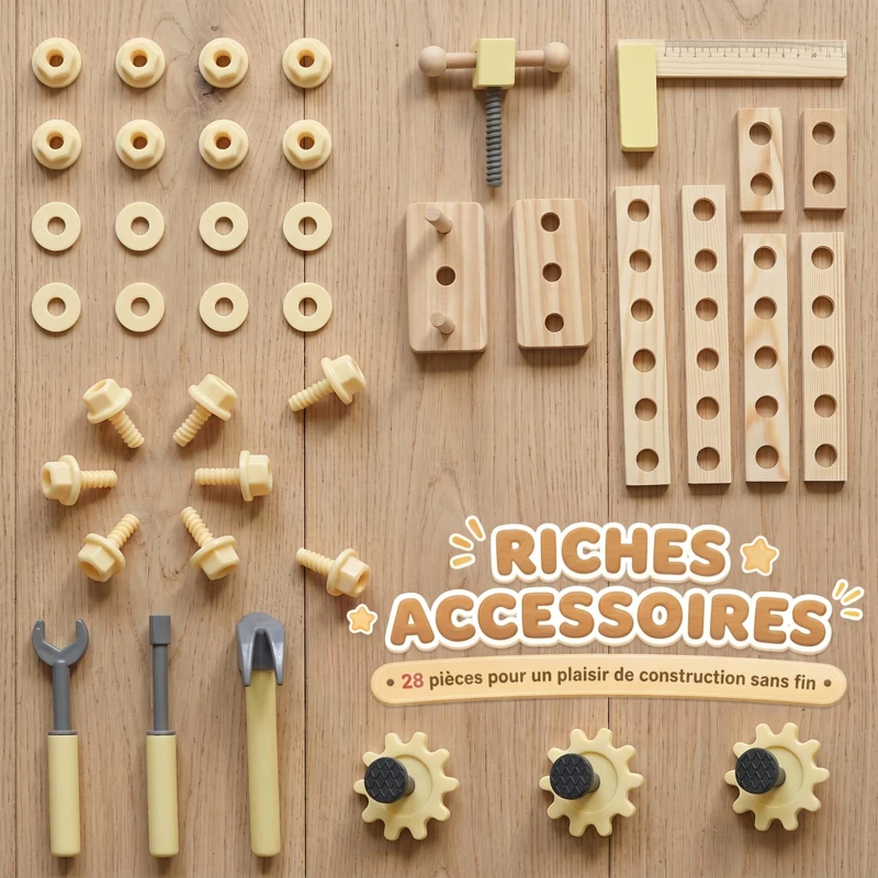 AIYAPLAY Établi en Bois pour Enfants avec 28 Accessoires, Boîte de Rangement, Établi d'Imitation dès 3 à 8 Ans, Naturel